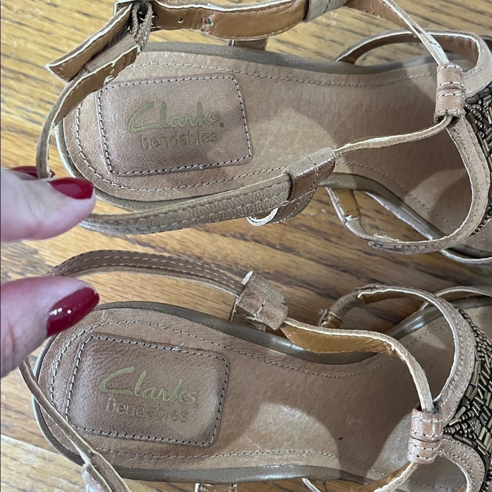 Clark Beaded Cork Wedge Leather Sandals Tan Brown Bronze Size 7.5